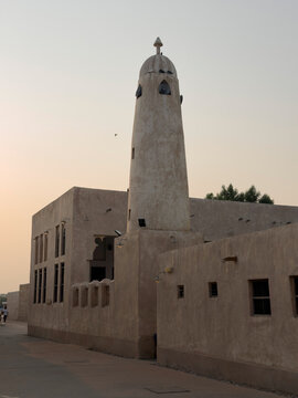 Wakrah, Qatar - July 20, 2026: Old mosque and its minaret. Taken early morning in the old souk of Al Wakrah, Qatar