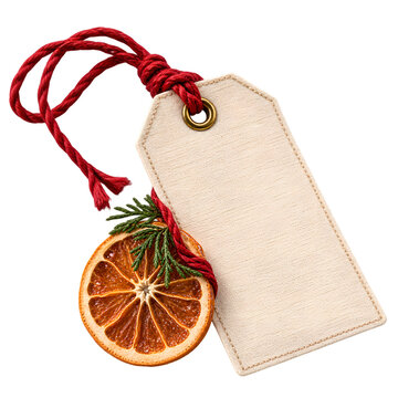 Cream Linen Tag with Red String and Dried Orange Slice, Blank Gift Tag Isolated
