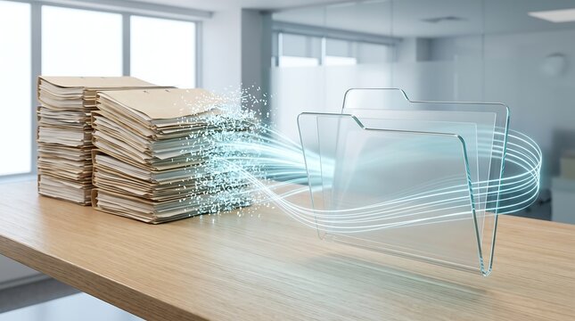Data migration concept displaying physical files being digitized into virtual folders with glowing light streams on office desk representing modern information technology solutions