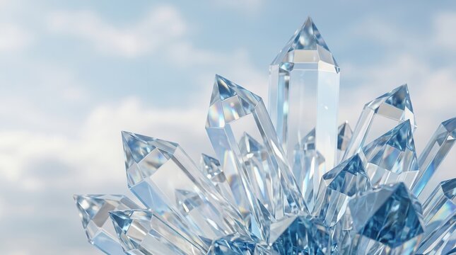 Transparent diamond clusters shine under soft light against a cloudy sky.