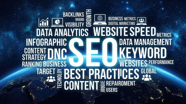 Digital marketing best practices including keywords and website speed in space.