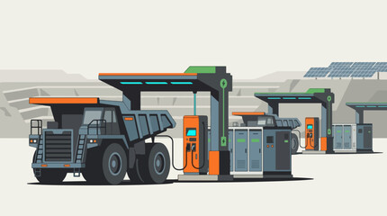 Large Mining Dump Truck Charging at a Modern Electric Vehicle Station with Solar Panels. © islakhudin