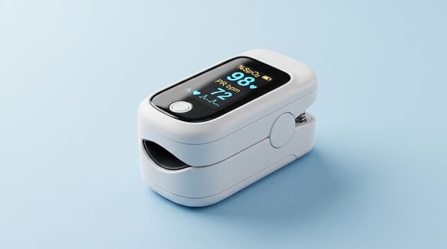 Digital pulse oximeter for blood oxygen saturation, portable medical SpO2 monitor, heart rate sensor device on blue background