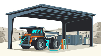 Large Mining Dump Truck Charging Under a Shelter at a Mine Site. © islakhudin