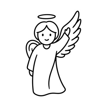 Simple line art illustration of a cute little angel with wings and halo.