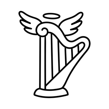 Minimalist line art illustration of a harp with angel wings and a halo.