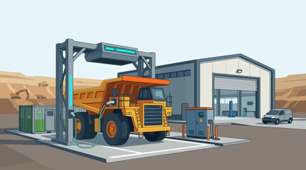 Large Mining Dump Truck Undergoing Automated Washing Process at Industrial Facility. © islakhudin