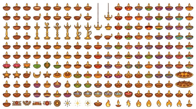 Diwali Diya Oil Lamp Vector Icon Bundle &ndash; Traditional Earthen Lamps, Colorful Decorative Diyas and Festival of Lights Elements