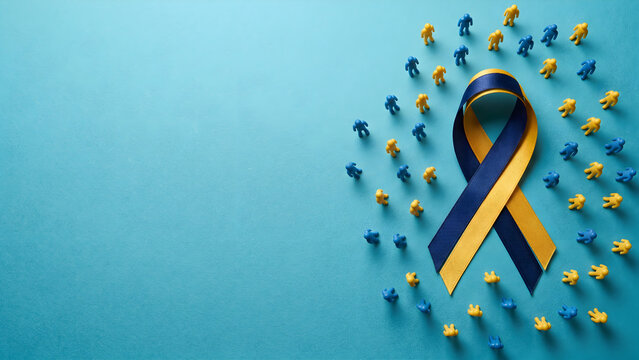 Blue and yellow awareness ribbon surrounded by small human figures representing support for Down syndrome and community solidarity