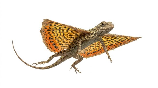 Flying Dragon Lizard Gliding with Wide Rib-Supported Membranes Isolated on White Background