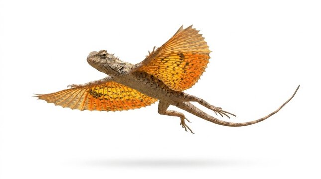 Flying dragon lizard gliding with rib-supported membranes spread wide, on white