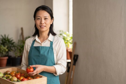 Smiling produce worker presenting freshly harvested tomatoes