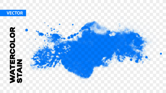 Abstract ink blob, grunge art. Halftone effect blue paint stroke texture in marble style. Wallpaper design. Hand drawn watercolor isolated vector illustration on transparent background