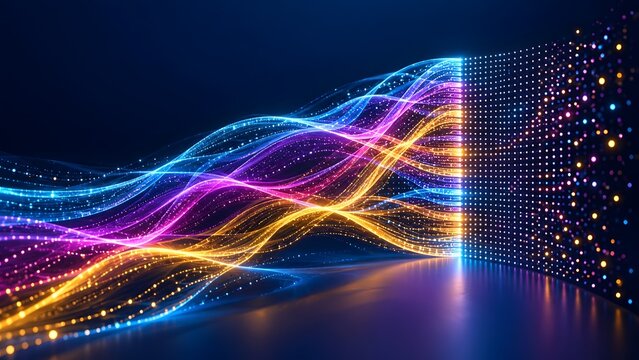 Intertwining colorful neon waves flowing into a vertical matrix of glowing digital dots for signal processing and network analytics