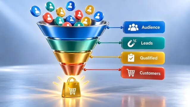 Four tier marketing conversion funnel turning audience and leads into qualified customers with user icons and a golden shopping bag