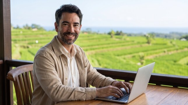 Digital nomad enjoying a work break overlooking rice terraces