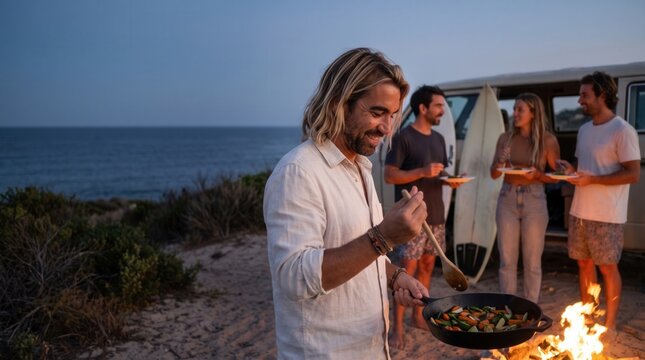 Man serving campfire food during a coastal camping trip