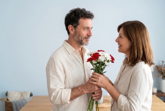 Man presenting flowers to his partner for a romantic celebration