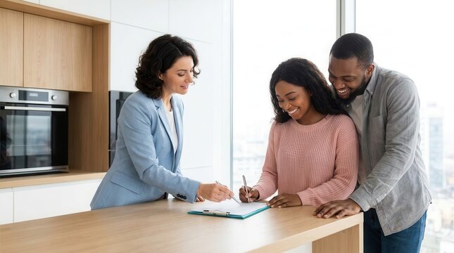 A happy young couple signing a property contract with their real estate agent in a fancy apartment.