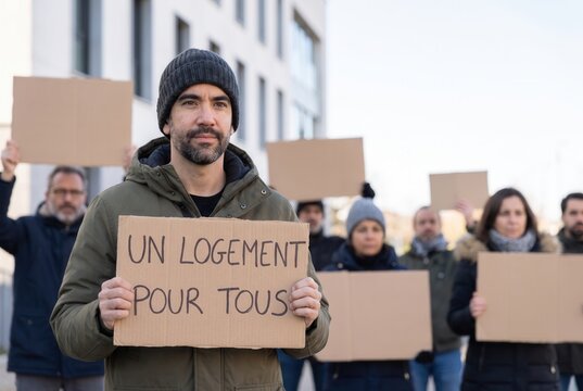 Protester holding a French sign calling for housing for everyone