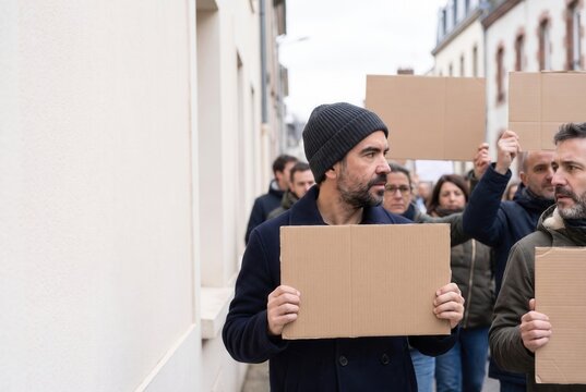 Man discussing a protest while holding a blank placard