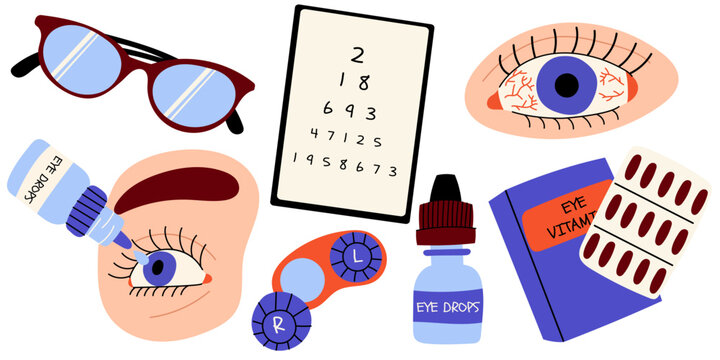 Eye care collection featuring eyeglasses, vision test chart, eye drops, eye anatomy and vitamin supplements for optometry, eyesight testing and ocular health.  Flat vector illustration