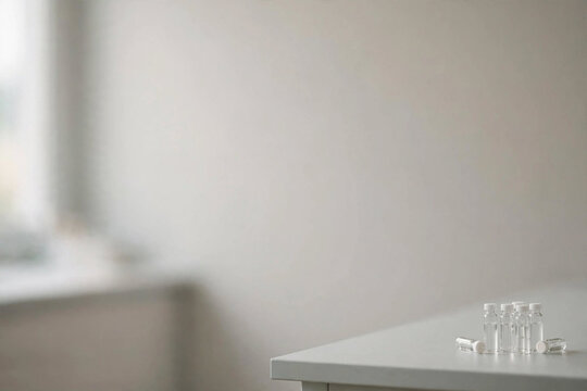 Empty Vials and Medicine Capsules on Table: A stark and minimalist composition featuring several empty glass vials and scattered medicine capsules resting on a clean, white surface.