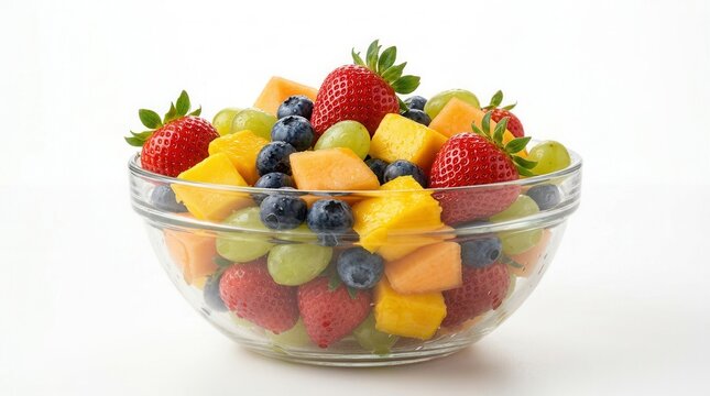 Nutritious mixed fruit salad served in a transparent glass bowl isolated on white.