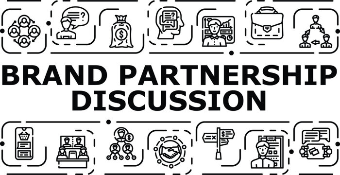 Brand partnership discussion banner infographic. Audience affiliate, relations engagement, agreement outreach icon vector illustration