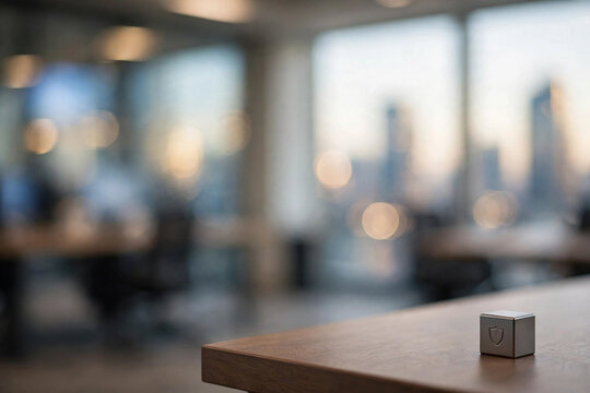 A Lone Cube on an Office Desk: A solitary metallic cube rests on a polished wooden desk in a modern, unfocused office setting, with blurred city skyscrapers visible through large windows.