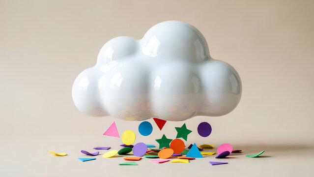 A whimsical white ceramic cloud raining vibrant, multicolored geometric confetti onto a serene beige background, symbolizing creativity, celebration, and imaginative play