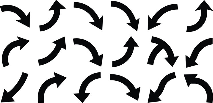 Set of curved black directional arrows collection pointing in various directions vector design