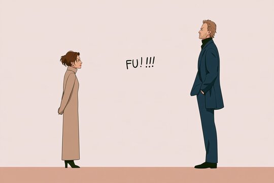 Short woman confronting a tall man in minimalist illustration