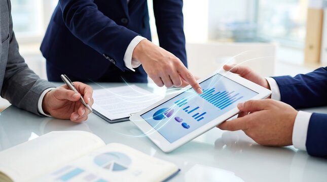 Business team analyzing financial market charts on tablet screen with glowing holographic data overlay in professional boardroom meeting for strategic corporate investment and planning