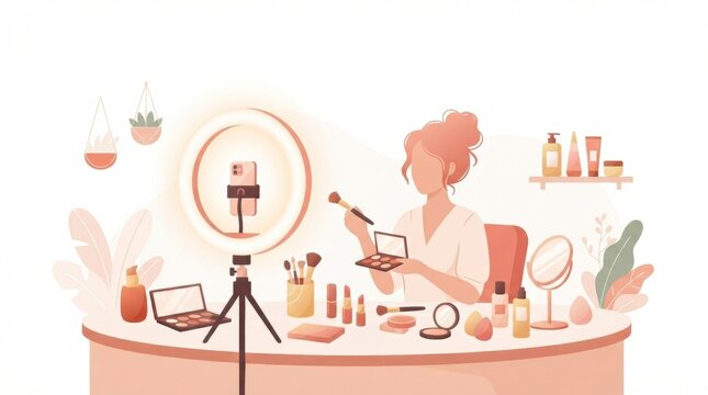 A blogger films a makeup tutorial with a camera on a tripod at a vanity in a home studio during the day.