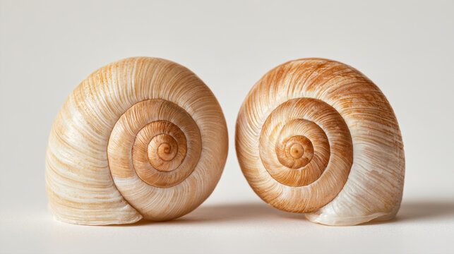 Two textured beige sea snail shells showing golden ratio spiral pattern isolated on white background macro close up shot pair of natural marine spiral shells symmetry concept biology study photo