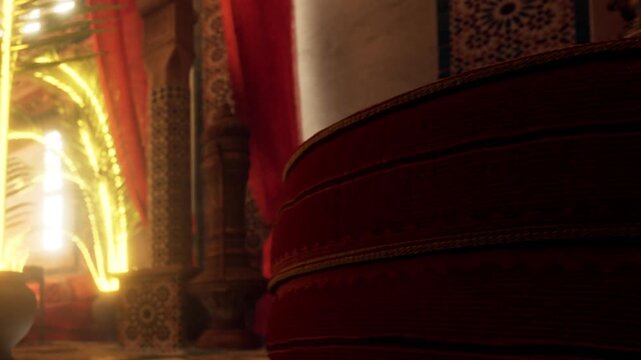 Inside a beautiful Moroccan space, rich colors and warm golden light create an inviting atmosphere. Soft textiles and intricate patterns adorn the surroundings, inviting exploration and relaxation.