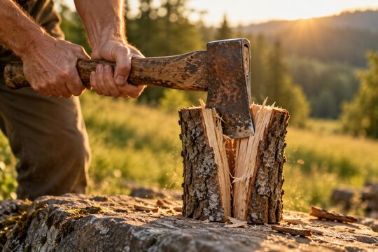 A man chopping wood log with axe on an old stone in nature during a beautiful sunset in a forest in summer.