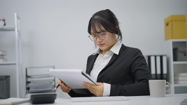 Young professional woman in black blazer holding clipboard and pen looking away in modern office environment