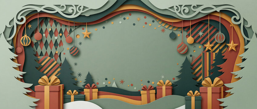 Christmas frame in layered paper cut style with muted green, red, and yellow pine trees, wrapped gift boxes, hanging baubles, and central copy space for festive cards and winter banners