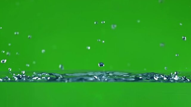 Water drop falling into a liquid surface creating a splash against a green background