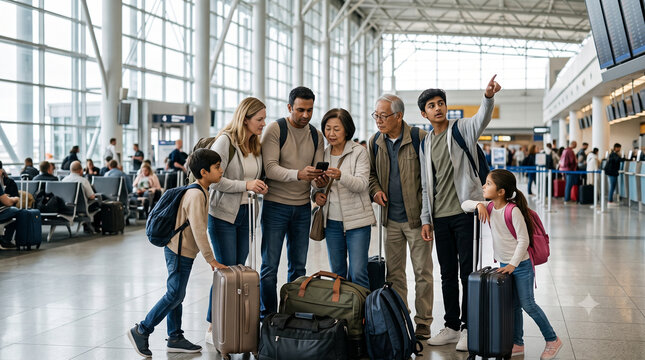 Diverse family navigating airport terminal with luggage.