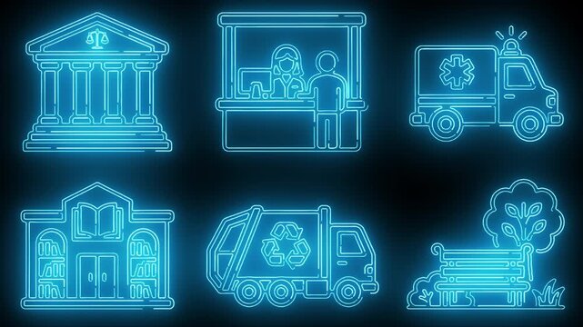 Neon Blue Public Services Urban Infrastructure and Community Facilities : court government building, service counter clerk, ambulance van, public library, garbage truck, park bench tree