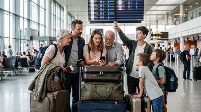 Diverse family navigating airport terminal with luggage.