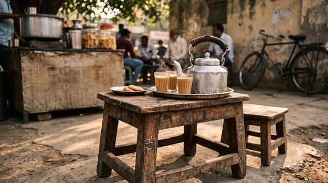 Traditional street tea stall with chai glasses on wooden table
