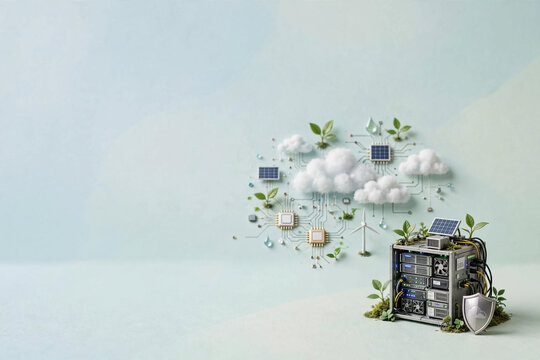 Eco-friendly Technology: A symbolic representation of sustainable technology, featuring cloud icons, solar panels, a wind turbine, and a secure server.
