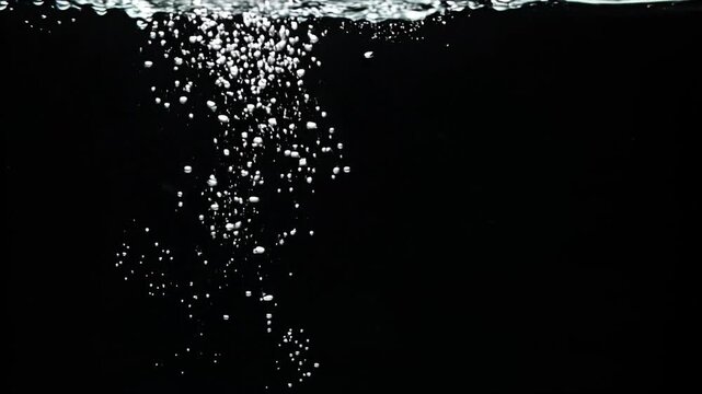 Air bubbles rising through clear water against a solid black background in a studio setting