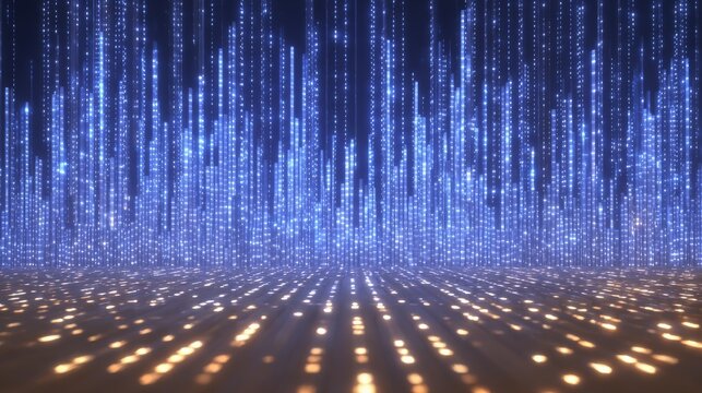 A futuristic digital landscape featuring glowing vertical streams of blue matrix data streams and a perspective grid of golden light trails.Cybersecurity blogs, IT services websites