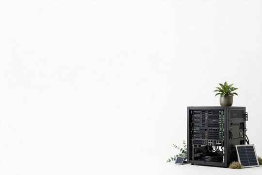 Green Tech Server Setup: A modern server tower is powered by small solar panels, adorned with a small potted plant, symbolizing sustainable technology and eco-friendly data centers.