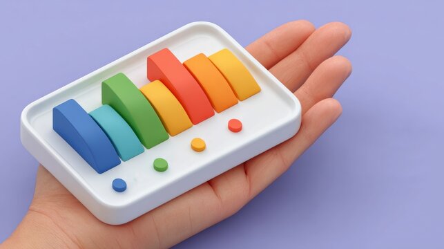 An open palm holding a white 3D tray displaying colorful bar charts and indicators against a purple background.Business intelligence platforms, financial management websites, mobile app UI blogs